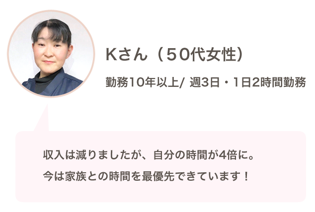 Ｋさん（50代女性）
収入は減りましたが、自分の時間が４倍に。今は家族との時間を最優先できています！